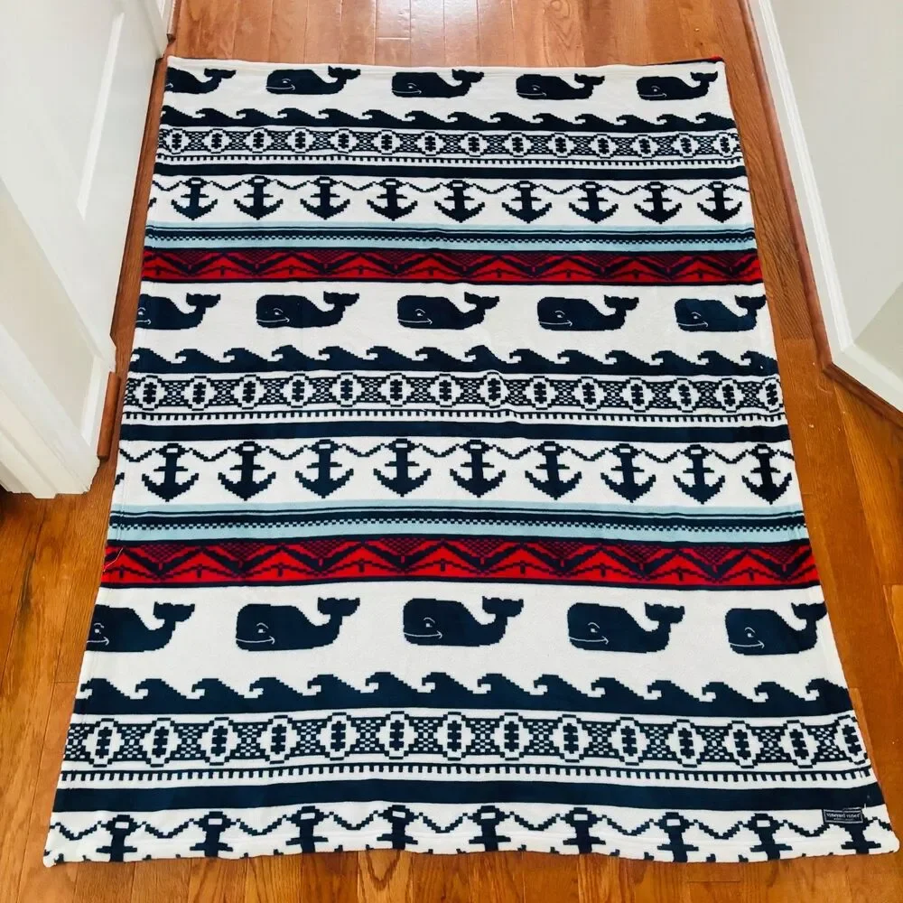 Vineyard Vines Plush Throw Blanket Whales Nautical Decor Waves Beachy 48 x 60